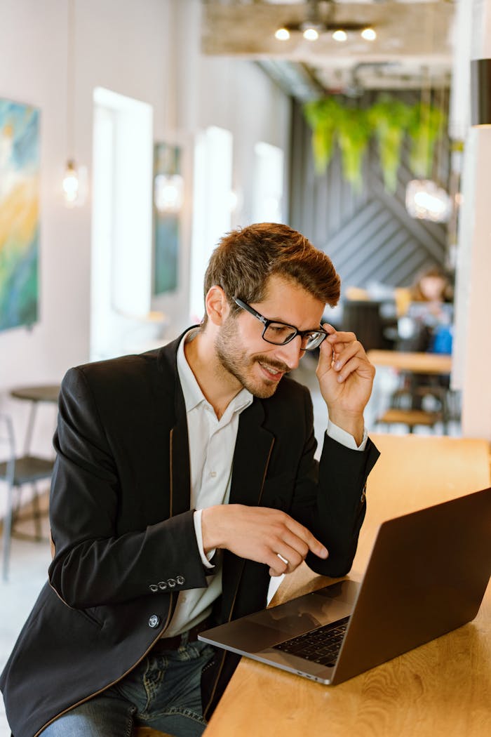 Home Businessman with glasses working on a laptop in a stylish modern office setting.
